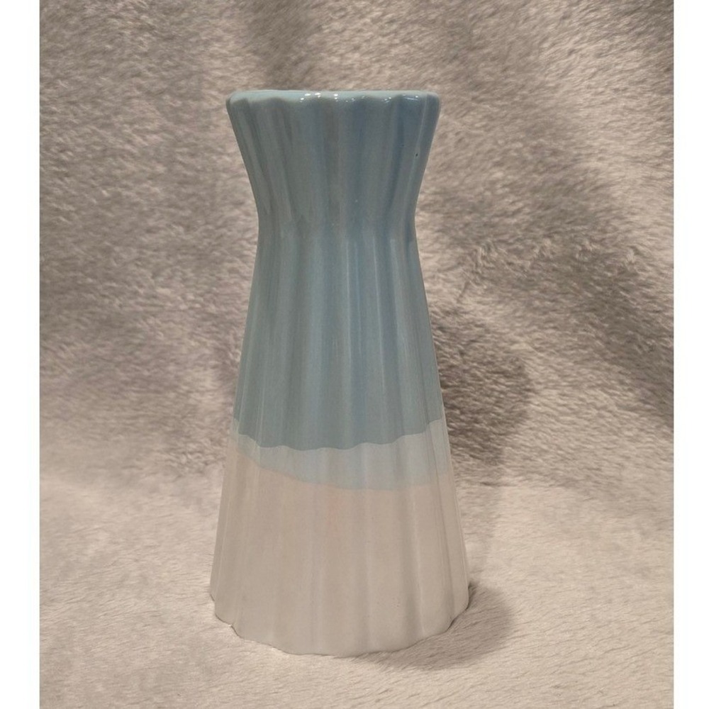 Modern Blue and White Three Tone Fluted Ceramic Bud Vase Ribbed Accent 5.5"